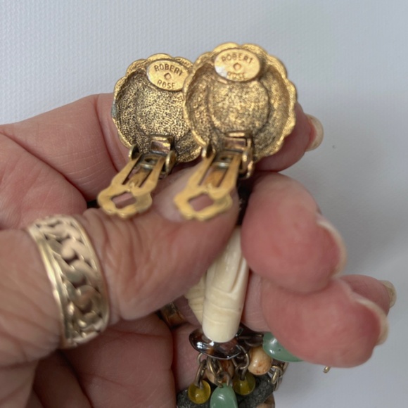 Vintage Robert Rose Long Dangle Clip Earrings Tribal Aventurine Jasper Bone Boho - Picture 3 of 9